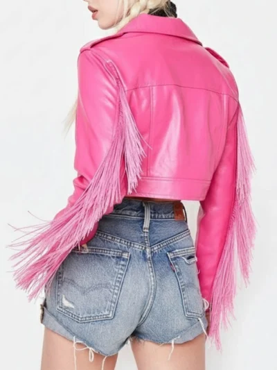The Voice Season 27 Hailey Wright Pink Leather Cropped Fringe Moto Jacket