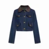 Washed Denim Faux Leather Collar Jacket
