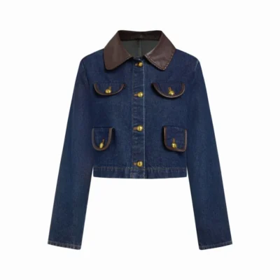 Washed Denim Faux Leather Collar Jacket