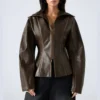Women's Brown Zip-Up Waist Cinched Leather Jacket