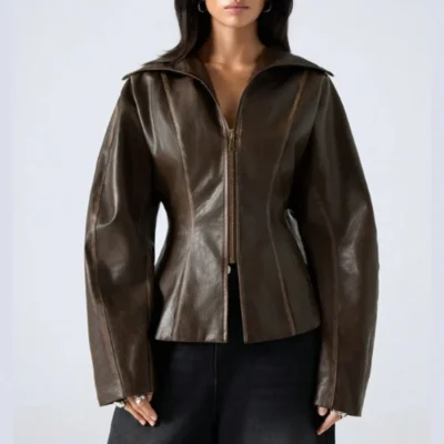 Women's Brown Zip-Up Waist Cinched Leather Jacket