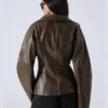 Women's Brown Zip-Up Waist Cinched Leather Jacket
