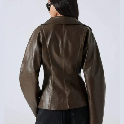 Women's Brown Zip-Up Waist Cinched Leather Jacket