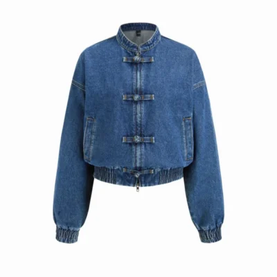 Women’s Denim Mandarin Collar Elastic Waist Jacket