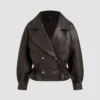 Womens Oversized Faux Leather Ruffle Double Breasted Jacket