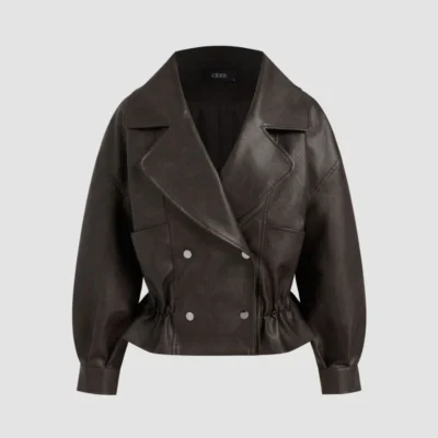 Womens Oversized Faux Leather Ruffle Double Breasted Jacket