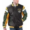 Black Green Bay Packers Varsity Leather Jacket with Full Zip