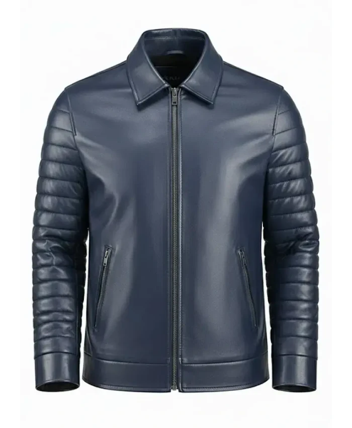 Mens Blue Padded Sleeves Leather Jacket