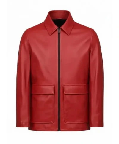 Mens Flap Pockets Red Leather Jacket