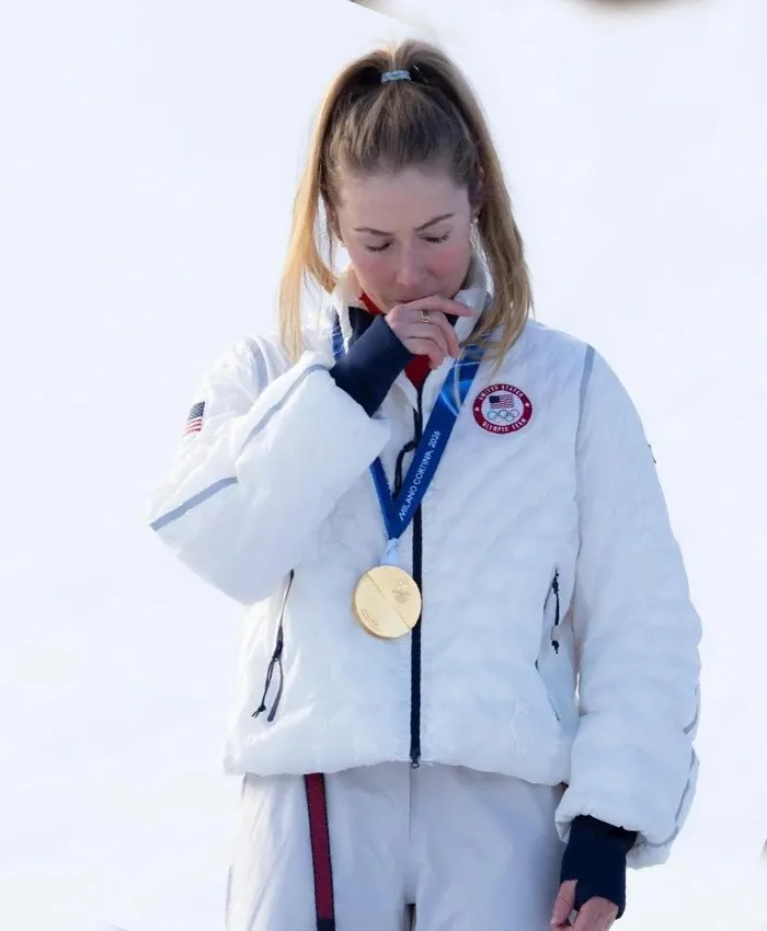 Mikaela Shiffrin 2026 Olympics White Parachute Puffer Jacket