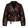 Oversized Dark Brown Belted Leather Moto Jacket for Women