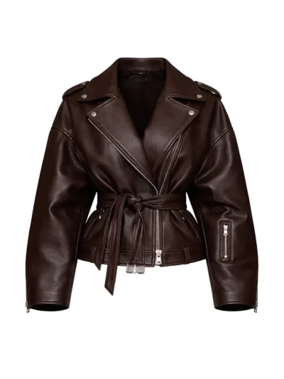 Oversized Dark Brown Belted Leather Moto Jacket for Women