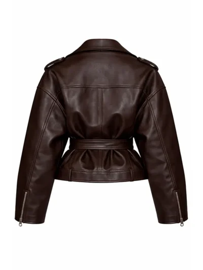Oversized Dark Brown Belted Leather Moto Jacket for Women
