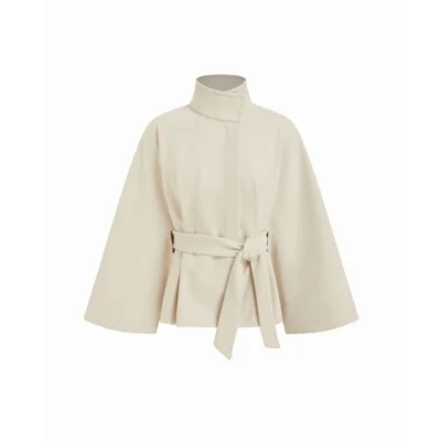 Oversized Wool-Look Cloak Sleeve Jacket with Stand Collar & Belt