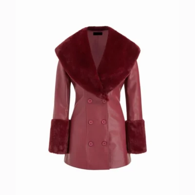 Statement Faux Leather Double-Breasted Coat with Fur Trim