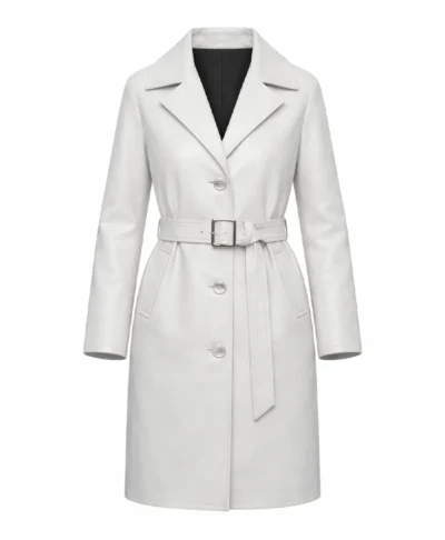 Womens Belted White Leather Coat