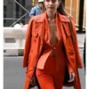 Gigi Hadid Fashion Week Orange Leather Coat