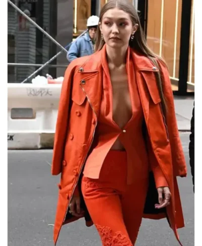 Gigi Hadid Fashion Week Orange Leather Coat