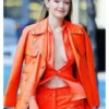 Gigi Hadid Fashion Week Orange Leather Coat