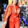 Gigi Hadid Fashion Week Orange Leather Coat