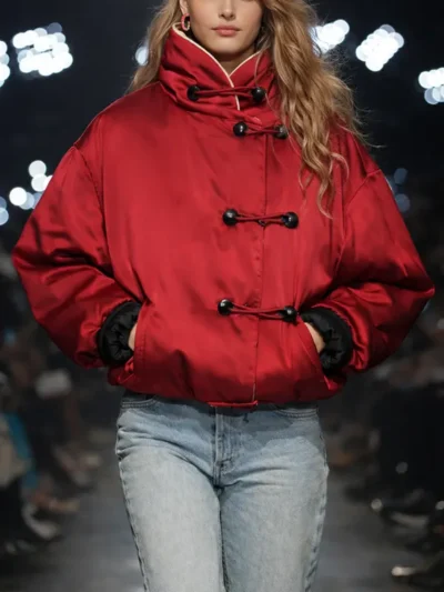 Women’s Red Satin Toggle-Closure Bomber Jacket