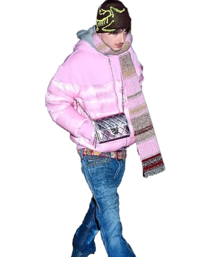 buy Timothee Chalamet Puffer Pink Jacket