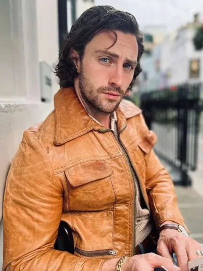 Aaron Taylor Johnson Brown Leather Jacket Street Style