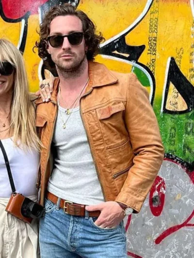 Aaron Taylor Johnson Brown Leather Jacket Street Style