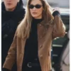 Bella Hadid MFW 2026 Suede Jacket Brown Style