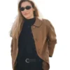 Bella Hadid MFW 2026 Suede Jacket Brown Style