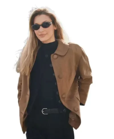 Bella Hadid MFW 2026 Suede Jacket Brown Style