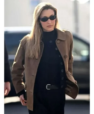 Bella Hadid MFW 2026 Suede Jacket Brown Style
