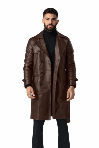 Brown Leather Double Breasted Coat Men’s Luxury Winter Jacket