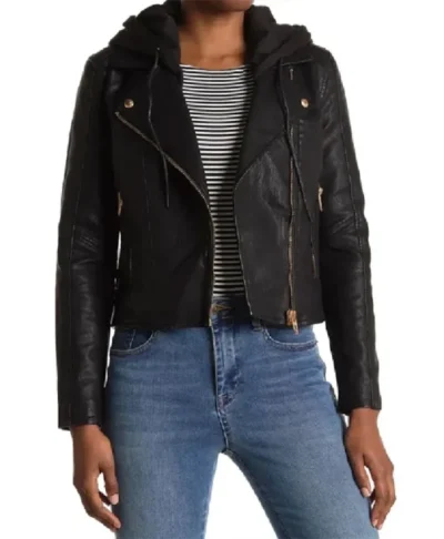 Christina Hall Black Leather Hooded Jacket