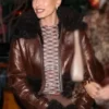 Hailey Bieber Fur Collar Leather Jacket