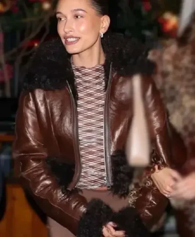 Hailey Bieber Fur Collar Leather Jacket