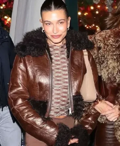 Hailey Bieber Fur Collar Leather Jacket