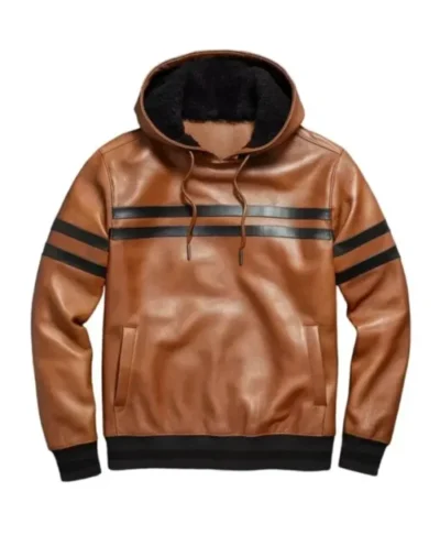 Men’s Brown Leather Pullover Hoodie Style Jacket