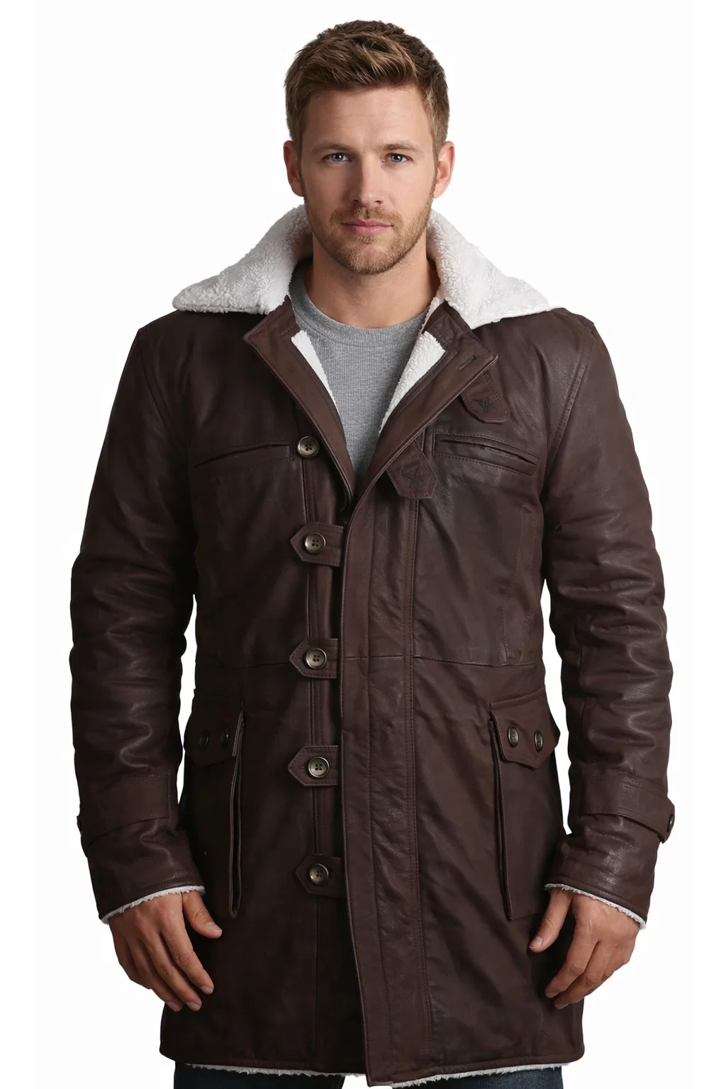 Men’s Shearling Brown Leather Overcoat Bane Style Coat