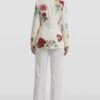 Women’s Floral Print Fitted Blazer Off White Flower Design Jacket