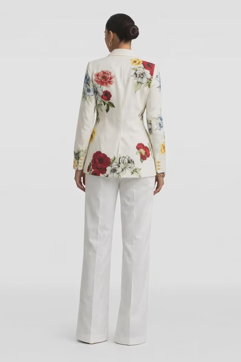 Women’s Floral Print Fitted Blazer Off White Flower Design Jacket