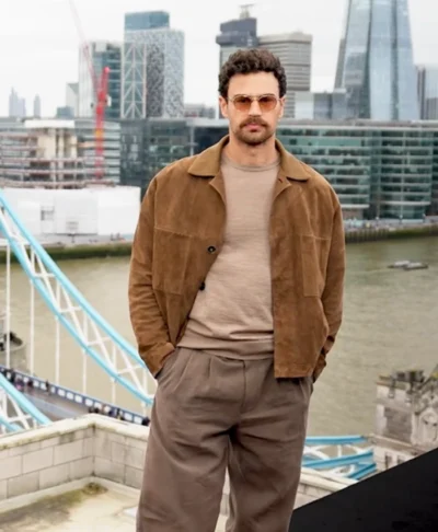 buy Theo James Press Junket Brown Suede Jacket For Sale