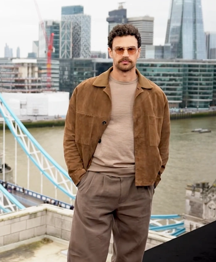 buy Theo James Press Junket Brown Suede Jacket For Sale