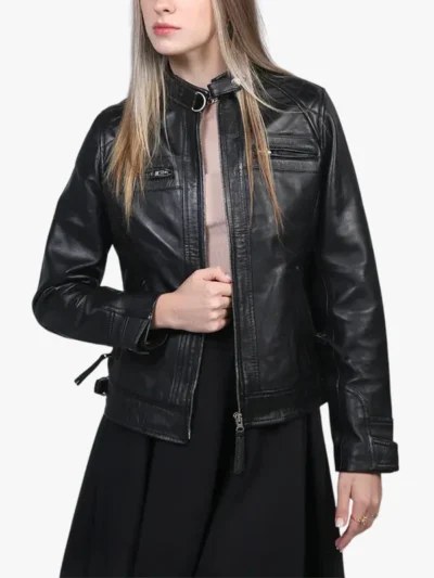 Johnson Women Moto Black Cafe Racer Leather Jacket