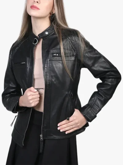 Johnson Women Moto Black Cafe Racer Leather Jacket