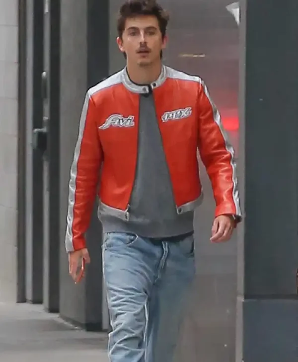 Knicks vs Sixers game Timothee Chalamet Orange Jacket