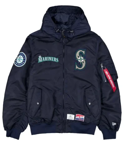 Navy Blue Seattle Mariners MA-1 Satin Hooded Jacket