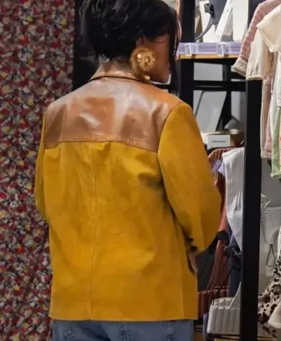 buy Rihanna Mustard Suede Leather Jacket