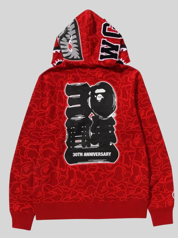 order now Bape 30th Anniversary Shark Camo Red Hoodie