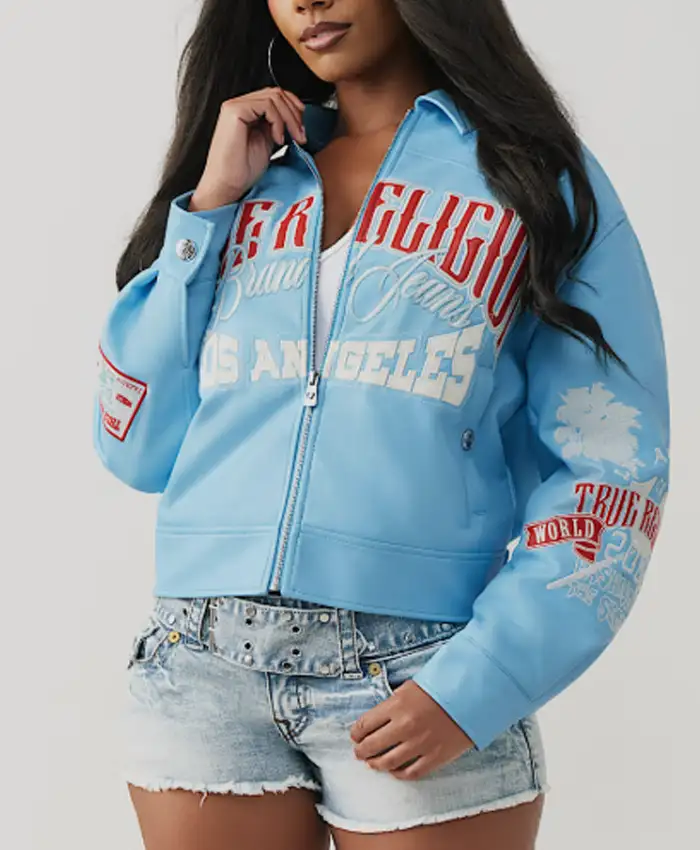 Branded Varsity Blue Leather Jacket